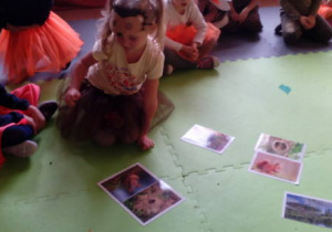 Dziewczynka dobiera obrazki na dywanie.